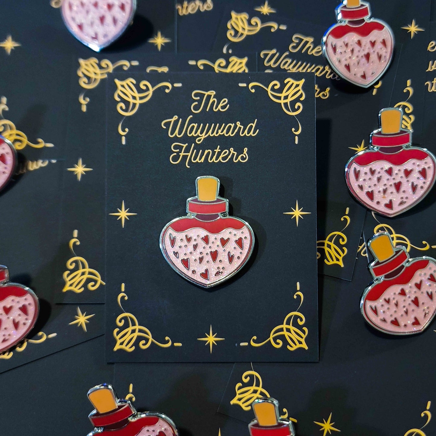 Love's Elixir: Pink Heart-shaped Enamel Pin of Enchantment - Love Hard Enamel Pin - Magical Potion Pin