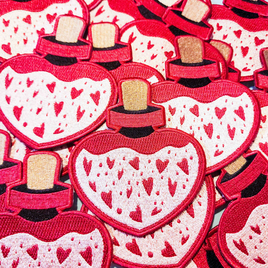Love's Elixir: Pink Heart-shaped Iron-on Patch of Enchantment - Love Patch - Magical Potion Patch