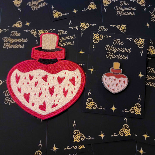 Love's Elixir COMBO: Pink Heart-shaped Enamel Pin and Patch of Enchantment - Love Hard Enamel Pin - Magical Potion Pin & Patch Combo
