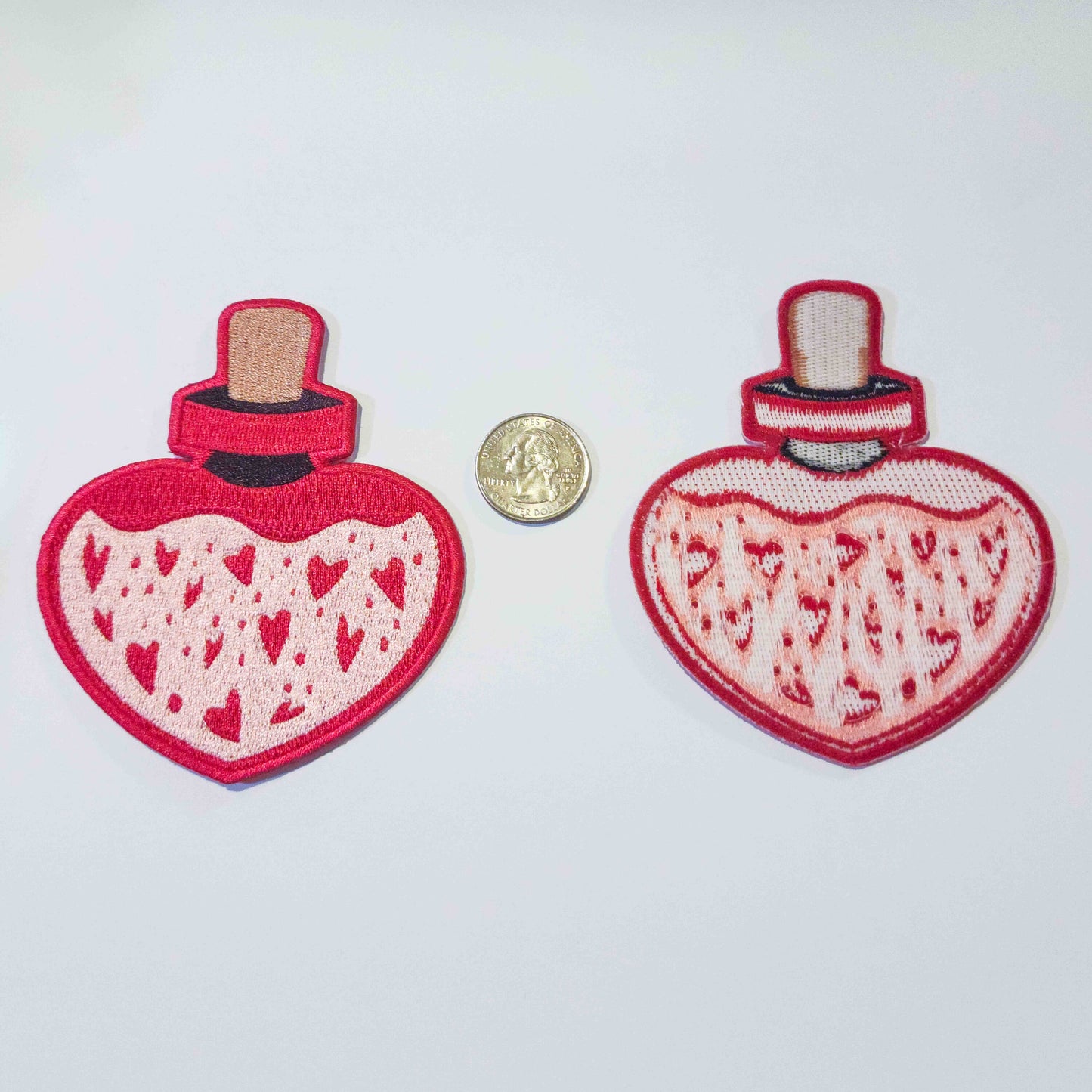 Love's Elixir: Pink Heart-shaped Iron-on Patch of Enchantment - Love Patch - Magical Potion Patch