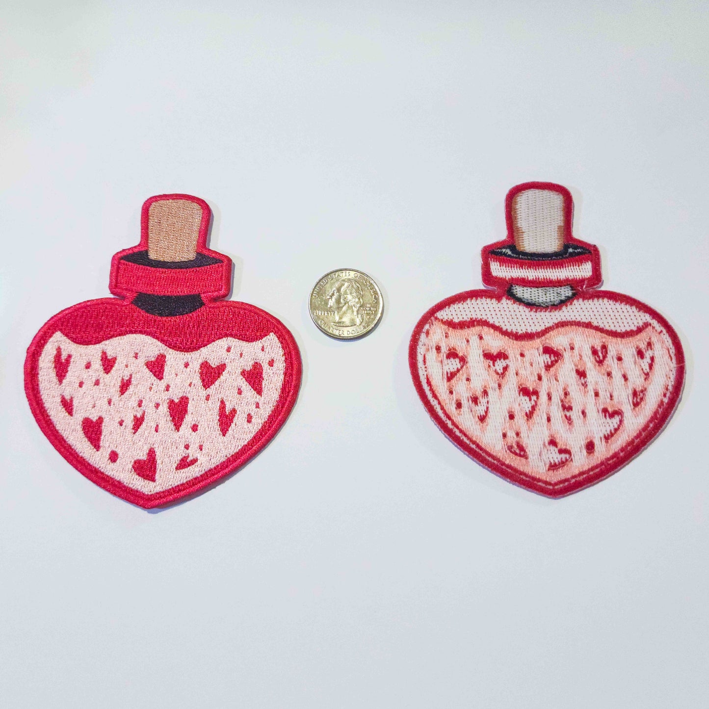 Love's Elixir COMBO: Pink Heart-shaped Enamel Pin and Patch of Enchantment - Love Hard Enamel Pin - Magical Potion Pin & Patch Combo