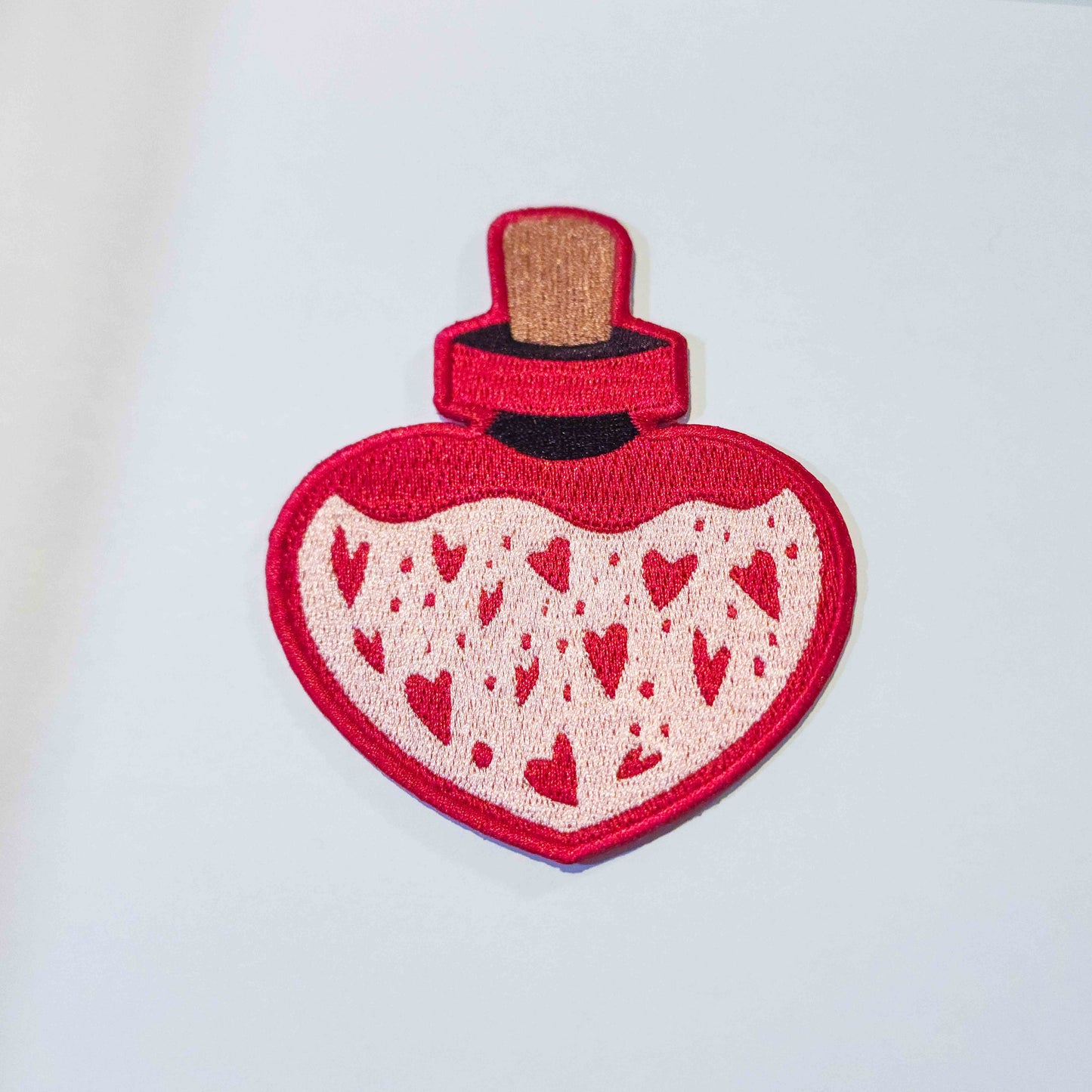 Love's Elixir: Pink Heart-shaped Iron-on Patch of Enchantment - Love Patch - Magical Potion Patch