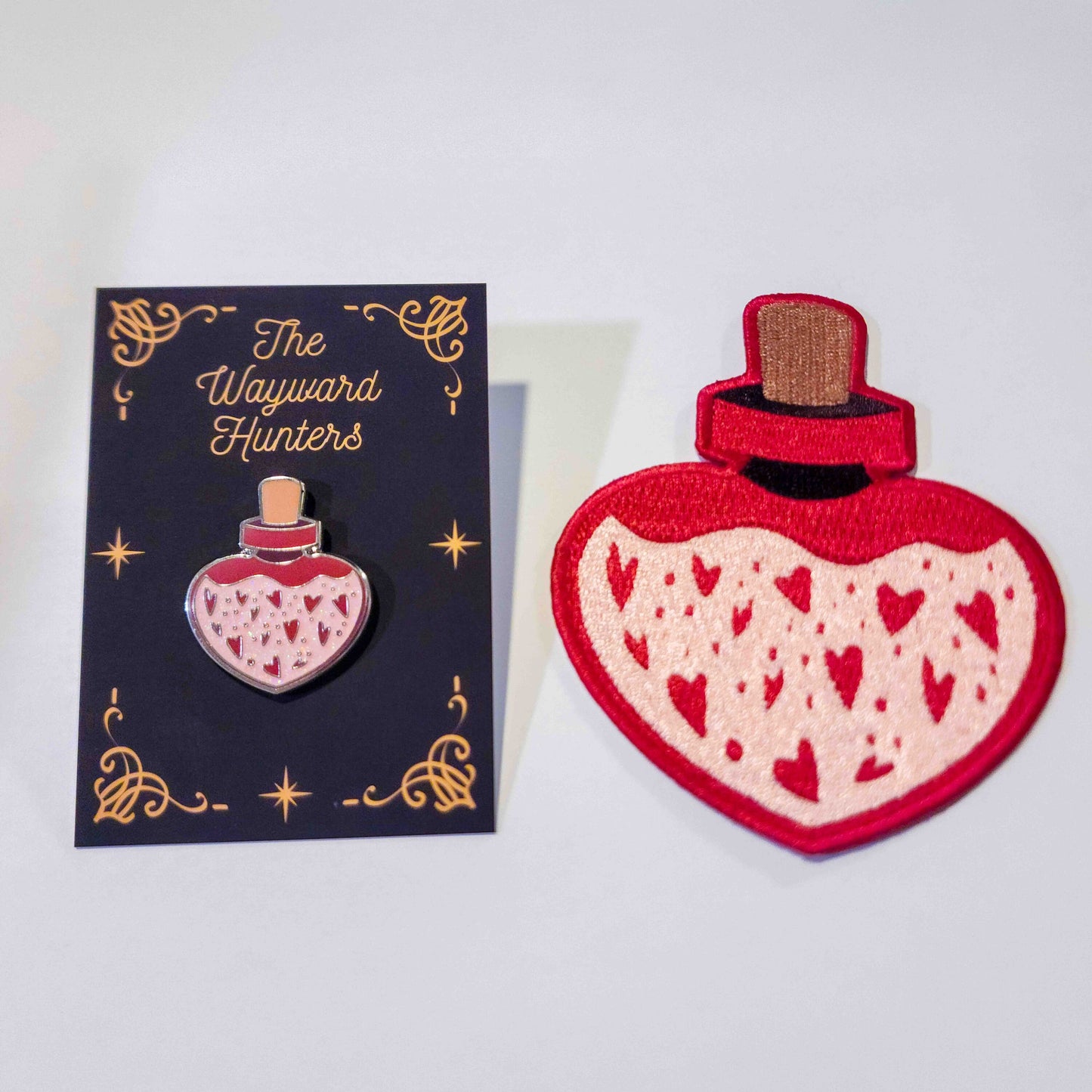 Love's Elixir COMBO: Pink Heart-shaped Enamel Pin and Patch of Enchantment - Love Hard Enamel Pin - Magical Potion Pin & Patch Combo