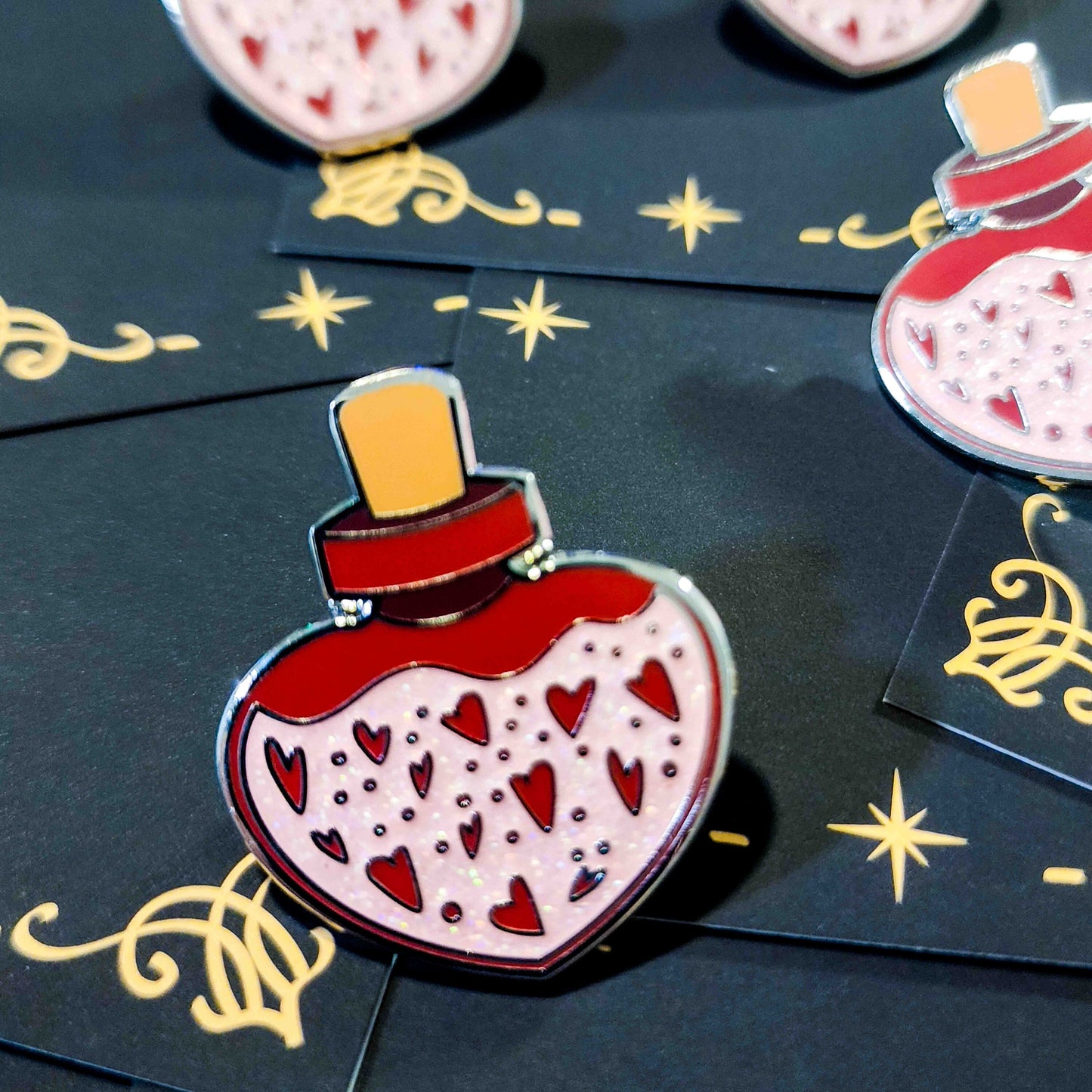 Love's Elixir: Pink Heart-shaped Enamel Pin of Enchantment - Love Hard Enamel Pin - Magical Potion Pin