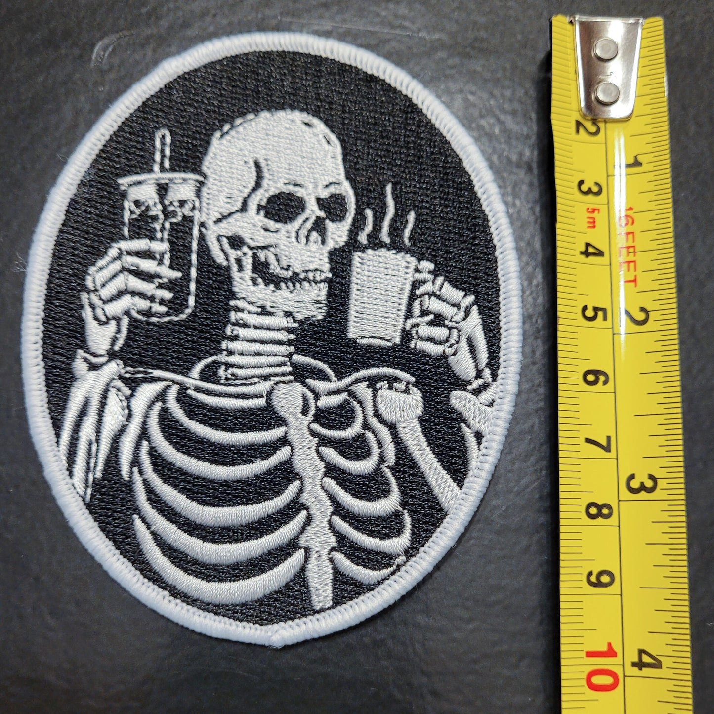 Coffee Addict Pin & Patch Combo - Skeleton Coffee and Iced Coffee Enamel Pin and Iron-on Patch