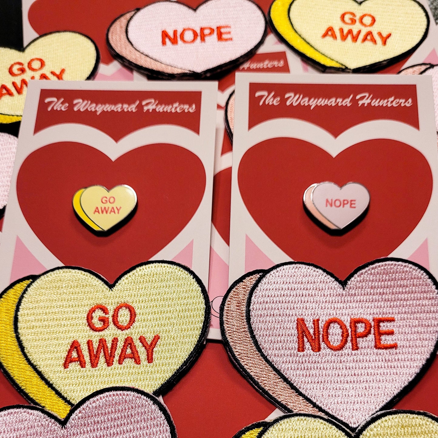 Valentine's Day Candy Nope & Go Away Heart Pin and Patch - Anti Valentine's Day Combo Enamel Pin and Patch Set