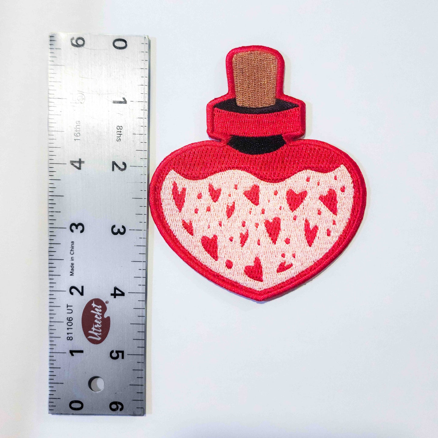 Love's Elixir COMBO: Pink Heart-shaped Enamel Pin and Patch of Enchantment - Love Hard Enamel Pin - Magical Potion Pin & Patch Combo