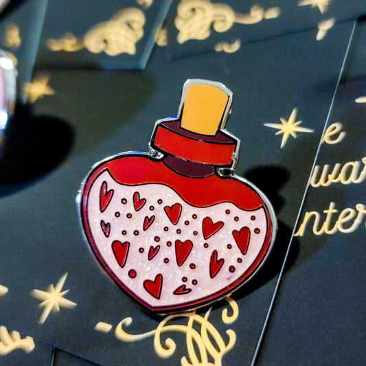 Love's Elixir: Pink Heart-shaped Enamel Pin of Enchantment - Love Hard Enamel Pin - Magical Potion Pin