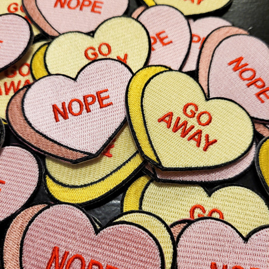 Valentine's Day Candy Nope and Go Away Heart Patch Combo - Anti Valentine's Day Iron On Patches