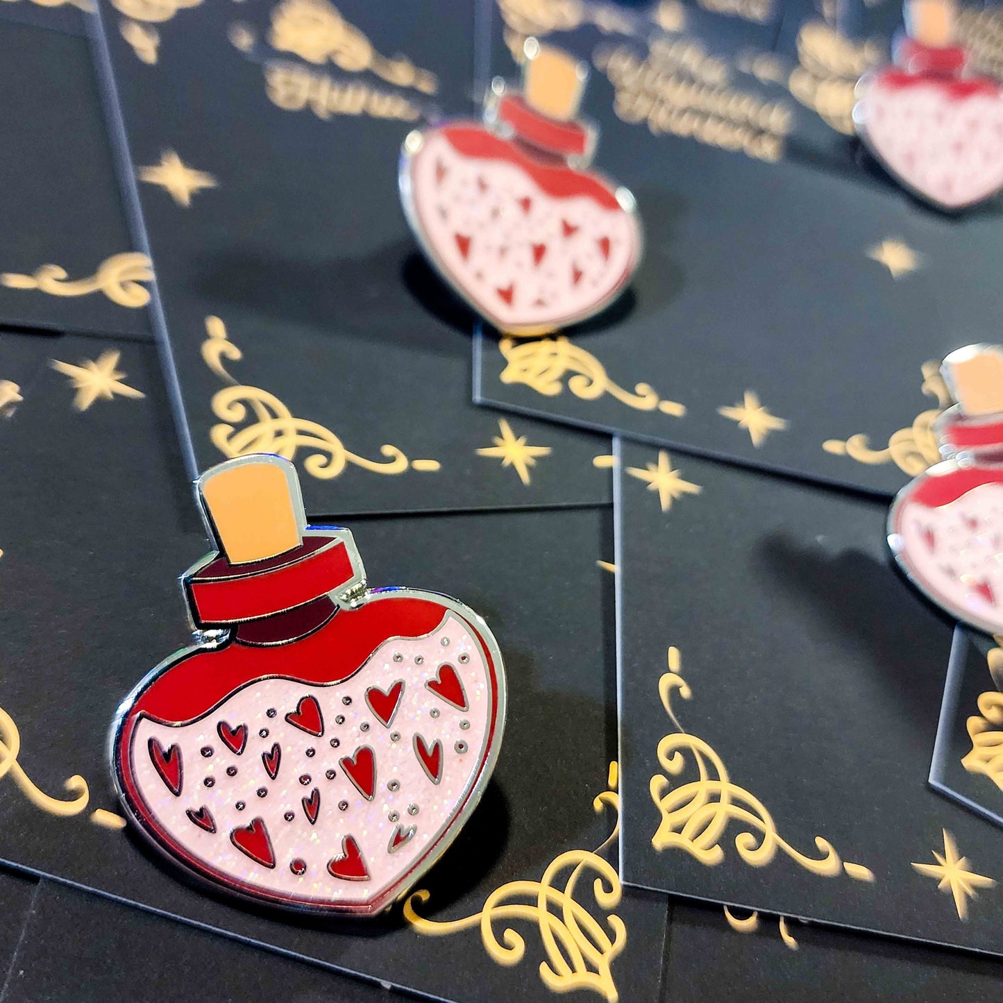 Love's Elixir COMBO: Pink Heart-shaped Enamel Pin and Patch of Enchantment - Love Hard Enamel Pin - Magical Potion Pin & Patch Combo