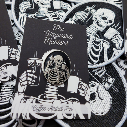 Coffee Addict Pin & Patch Combo -  Skeleton Coffee and Iced Coffee Enamel Pin and Iron-on Patch