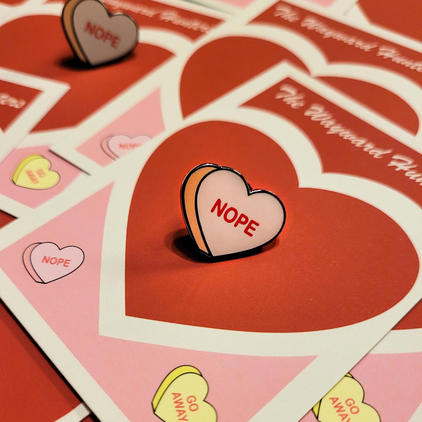 Valentine's Day Candy Nope and Go Away Combo Heart pins - Anti Valentine's Day Enamel Pin set