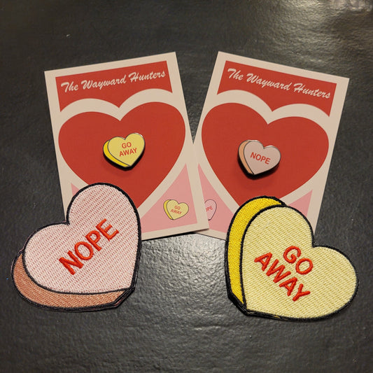 Valentine's Day Candy Nope & Go Away Heart Pin and Patch - Anti Valentine's Day Combo Enamel Pin and Patch Set