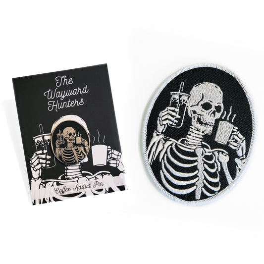 Coffee Addict Pin & Patch Combo -  Skeleton Coffee and Iced Coffee Enamel Pin and Iron-on Patch