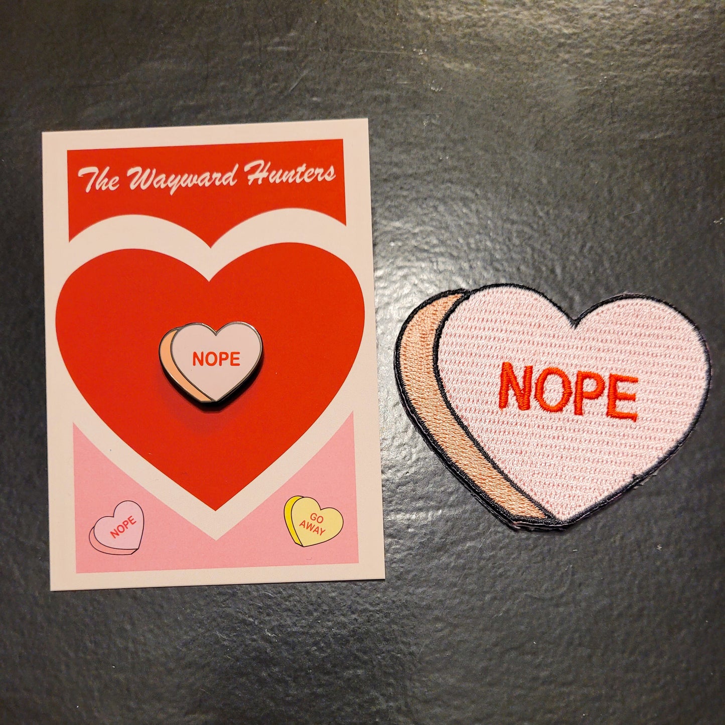 Valentine's Day Candy Nope & Go Away Heart Pin and Patch - Anti Valentine's Day Combo Enamel Pin and Patch Set